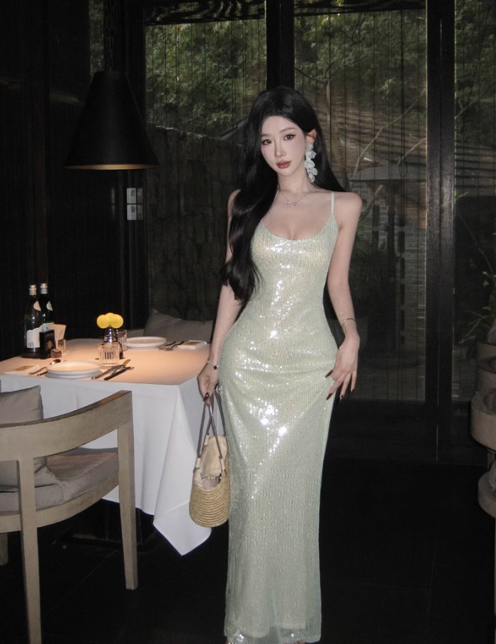 Seaside holiday style sexy backless suspender dress royal sister socialite high-end wear sequin dress R0482