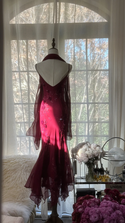 Elegant Burgundy Spaghetti Strap Gorgeous Beaded Shinny Chiffon Evening Dress Prom Dress D1472