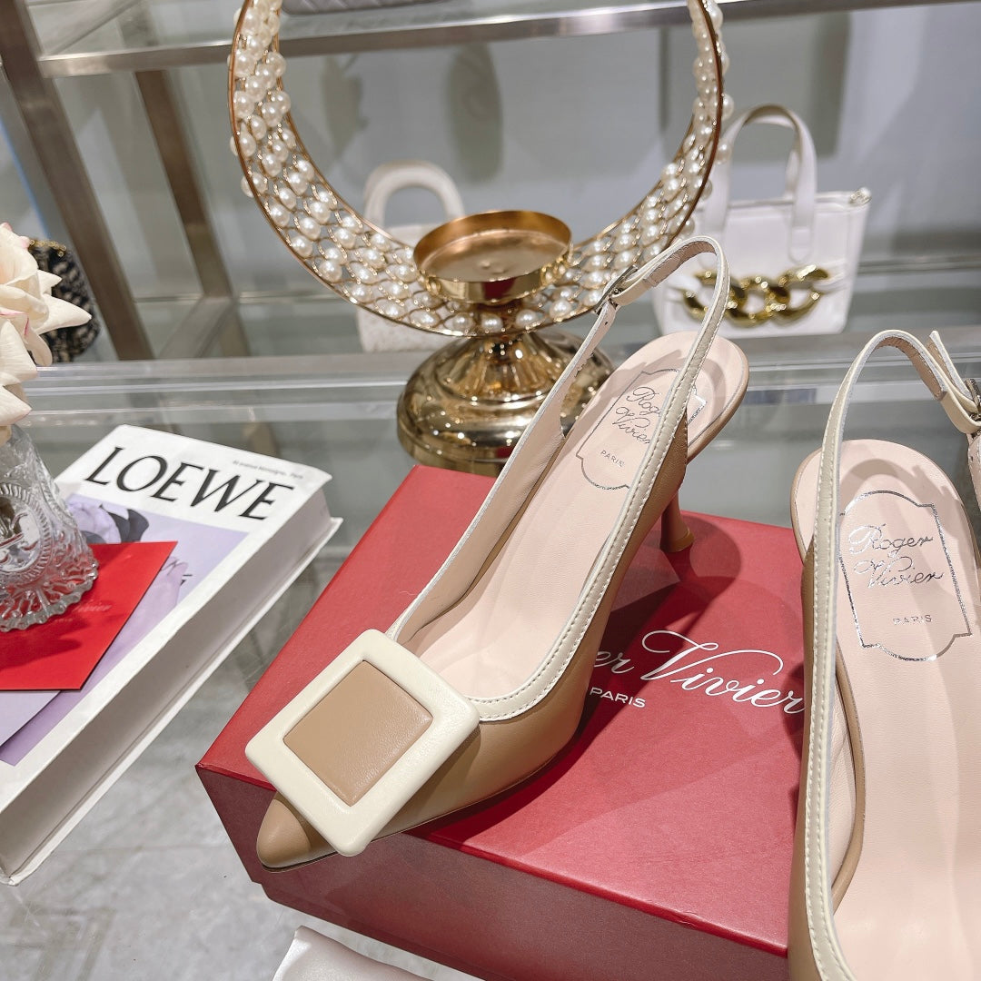 Belle Viv Metal Buckle Slingback Pumps 85 Camel Patent Leather
