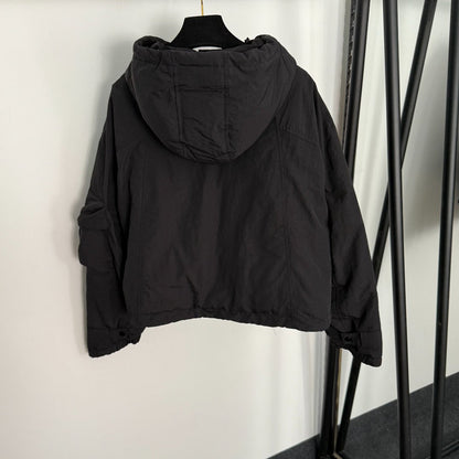 CC Chanel Style Rubber Logo Work Pocket Long Sleeve Hooded Cotton Jacket