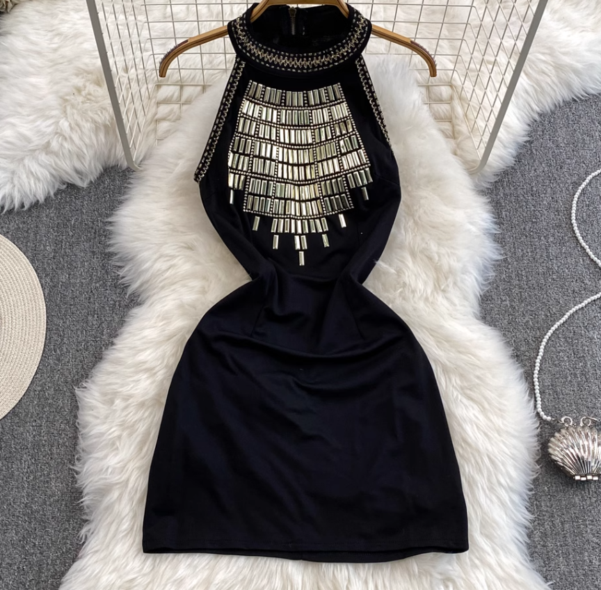 Black heavy ironing halter neck dress for women, slim fit, pure and sexy girl, short skirt R0384