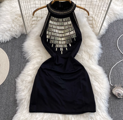 Black heavy ironing halter neck dress for women, slim fit, pure and sexy girl, short skirt R0384