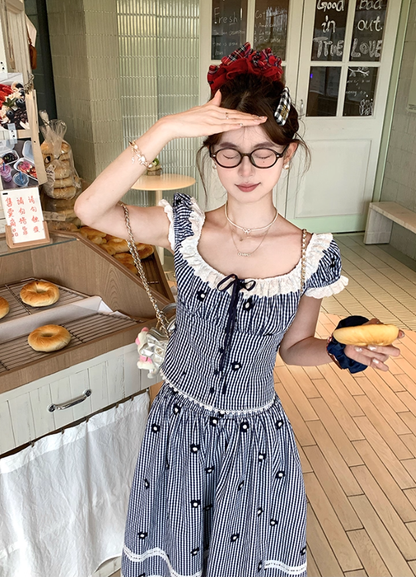 Women's summer French style two-piece square neck short striped short-sleeved top skirt suit R4912