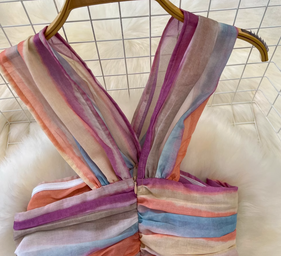 Dopamine wear rainbow stripes gradient halter neck long skirt V-neck waist A-line big swing dress R0377