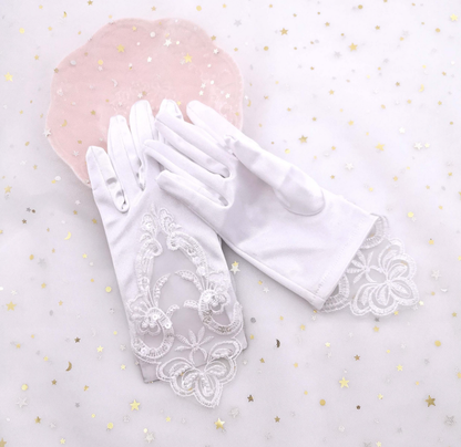 Lace Beaded Satin Stretch Children Wedding Dress Flower Girl Dress Gloves Performance Dance     S6247