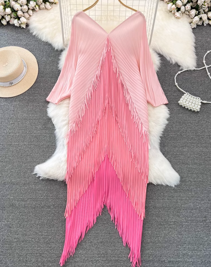 Temperament Sanyake pleated long-sleeved V-neck backless loose tassel gradient color irregular dress R0402