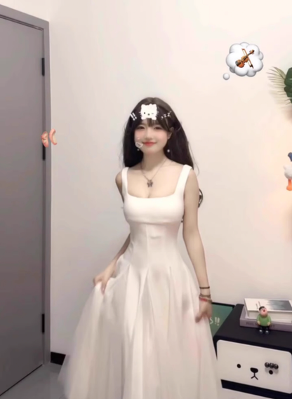 White suspender dress gentle temperament high-end dress waist A-line princess dress R0458