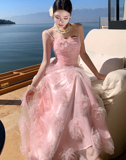 Pink flower suspender dress gentle temperament beautiful dress R0800