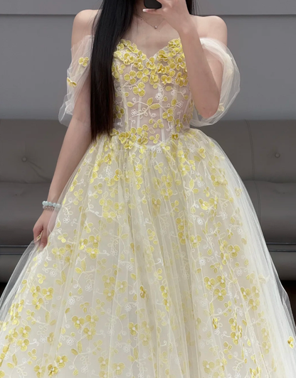 Off The Shoulder White Prom Party Dress Yellow Lace Evening Dress  fg8711