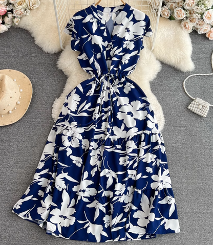 High-end, light luxury temperament flying sleeves V-neck waist slimming A-line ruffled printed dress R0353