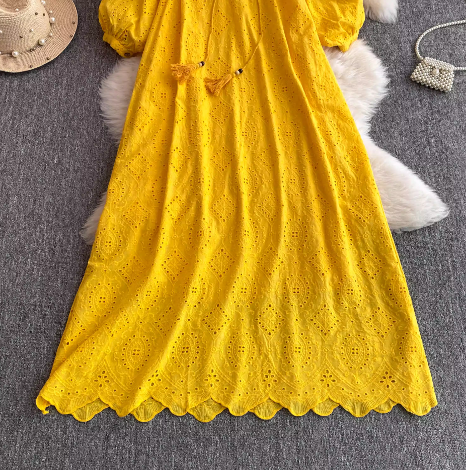 Rose Story Same Style Mid Sleeve V-Neck Yellow Dress Summer French Loose Skirt R0313