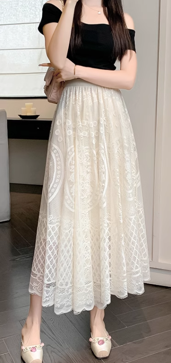 Retro high waist heavy lace hollow flower large swing A-line skirt versatile temperament long skirt R0207