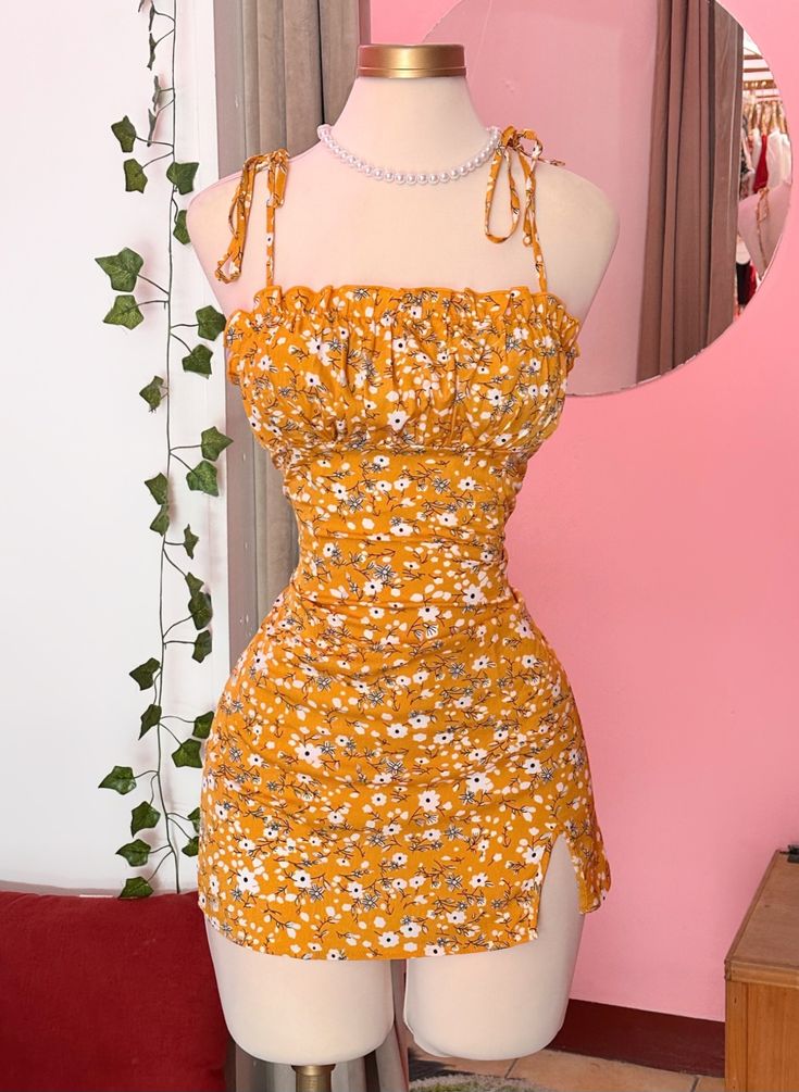 Retro Yellow Floral Sling Waist Sexy Miniskirt Homecoming Dress R3122