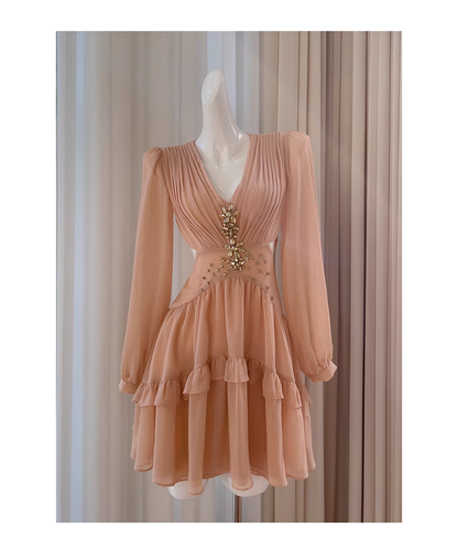 Retro Beading Design A-line Chiffon Long- sleeved V-neck Party Dresses Homecoming Dresses, D1352