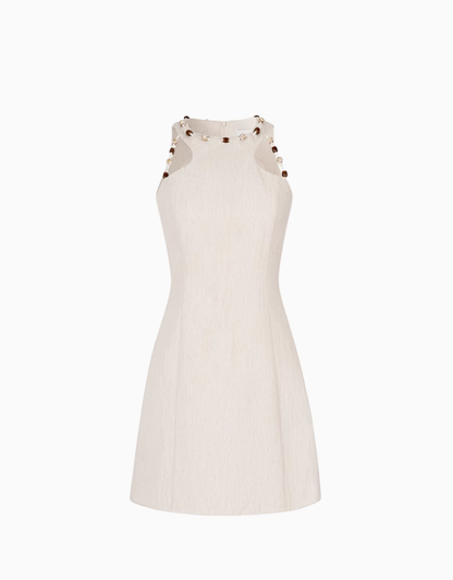 French style high-end holiday style beige round neck waist slim petite A-line dress R3344
