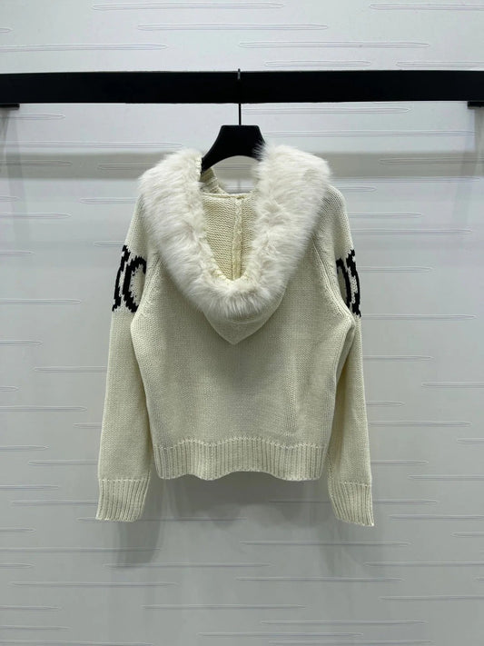 CELINE 25S HOODED CARDIGAN WITH FUR TRIM 0089