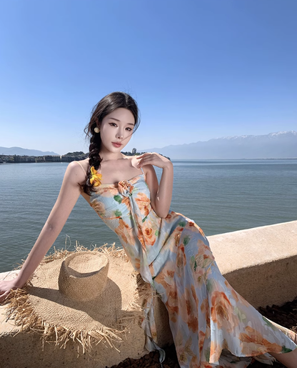 Retro floral suspender dress, beautiful temperament beach dress R0602