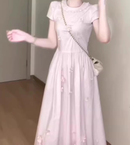 Gentle style pink baby collar dress floral waist A-line long skirt R0790