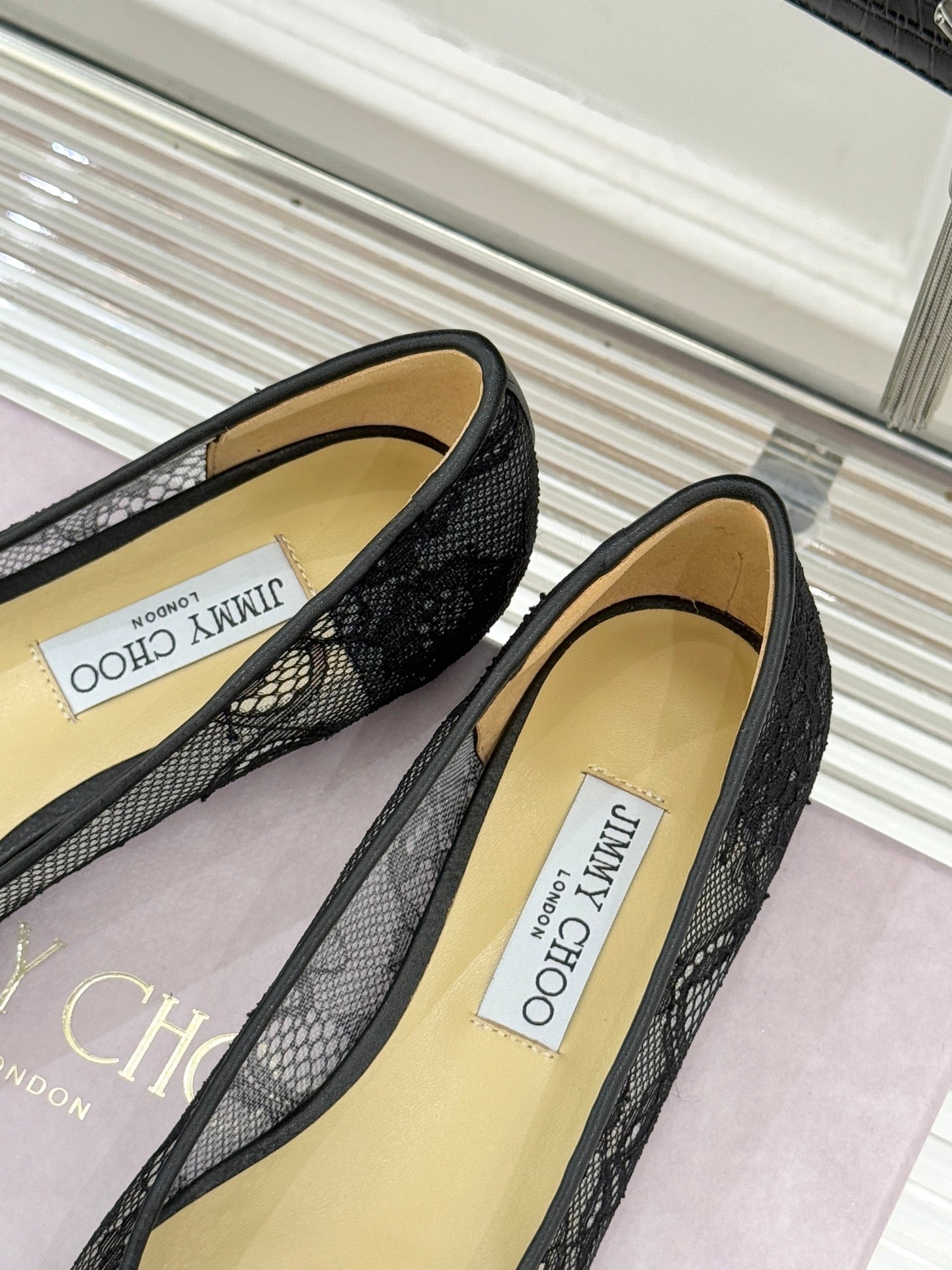 Jimmy Choo Classic Lace Pointed-Toe Ballet Flats Black Sheepskin 573526