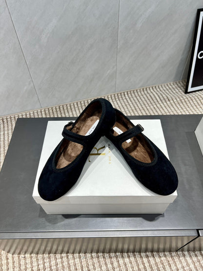 The Row 2025 Round Toe Ballet Flat Black Suede Fleece 540488