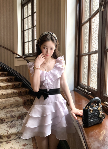 Purple waist round neck ruffled suspender dress women's summer skirt R4659