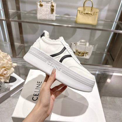 Celine Block Triomphe Leather Wedge Sneakers 50mm Black White Calfskin Fur