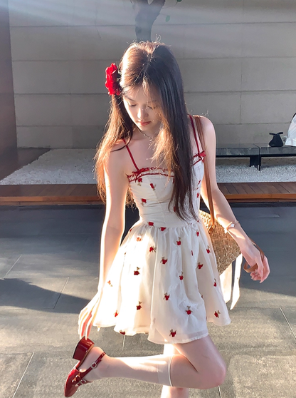 Red printed waist suspender dress summer slim a-line skirt French style petite skirt R4779