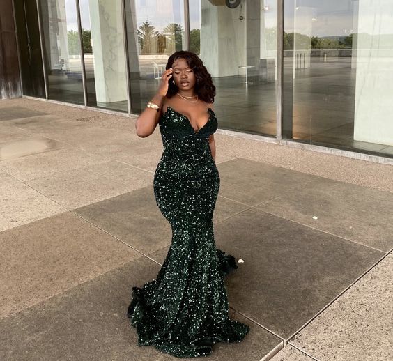 Sparkly Mermaid Strapless Dark Green Sequins Long Prom Dresses Y1494