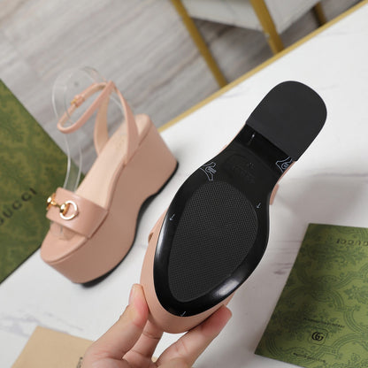 GG  Horsebit Wedges Sandals Pink