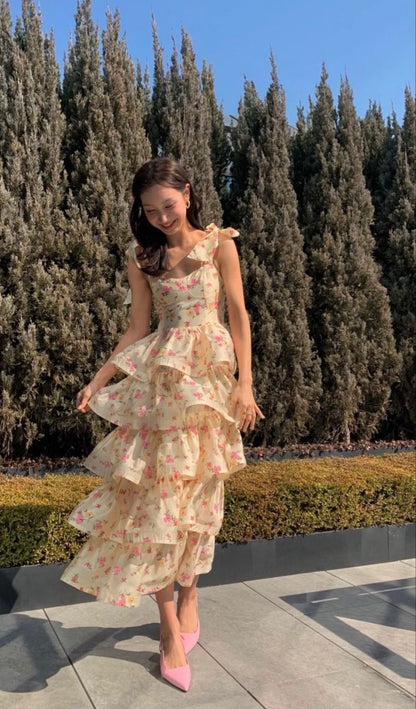Apricot suspender maxi dress pink floral cute vitality cake maxi dress homecoming dress R4042