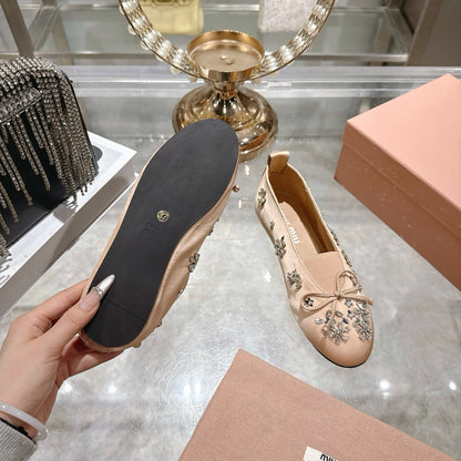 Miu 26 Ballet Flats with Crystal Rhinestones Light Pink Silk Satin 592101