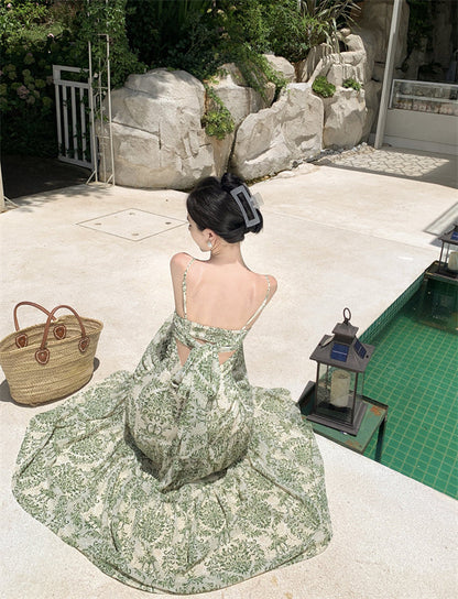 Tea break French holiday print suspender dress super fairy sweet temperament high-end beach dress R0189