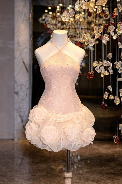 Cute Sheath Halter Sequin Blush Pink Short Mini Formal 8th Grade Homecoming Dresses Middle School Cocktail Night Dress Hoco Outfits DH1528