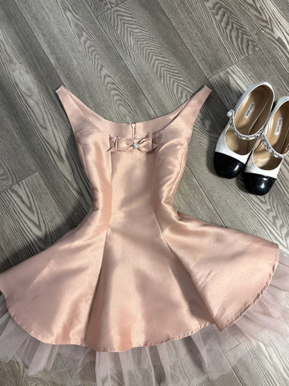 Cute A line Scoop Pink Satin Short Mini Formal 8th Grade Homecoming Dresses Middle School Short Cocktail Dress Hoco Outfits DH2082