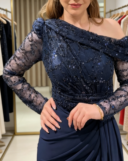 Glam One-Shoulder Sheath Long Prom Dresses, Beaded Chiffon Navy Blue Evening Dresses, Long Sleeve Wedding Guest Dresses DP04071