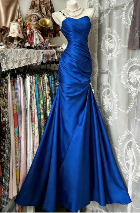 Chic One-shoulder Sheath Black Prom Dresses Satin Sleeveless Long Evening Dresses DP04199
