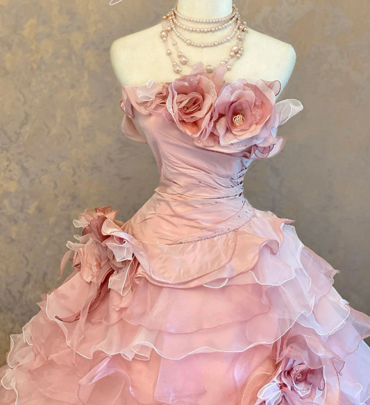 Gorgeous Strapless Ball Gown Pink Long Prom Dresses Tulle Sleeveless Birthday Dresses Applique Pink Quinceanera Dresses DP04204