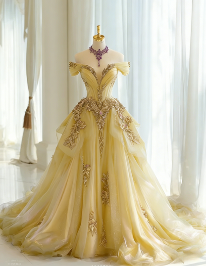 Gorgeous A-Line Long Prom Dresses Tulle Applique Purple Quinceanera Dresses Off-shoulder Birthday Dresses DP04675