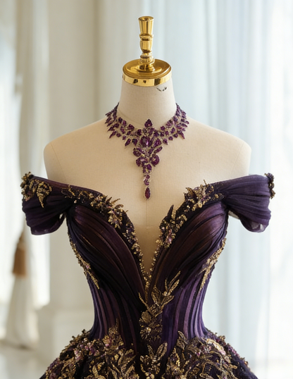 Gorgeous A-Line Long Prom Dresses Tulle Applique Purple Quinceanera Dresses Off-shoulder Birthday Dresses DP04675