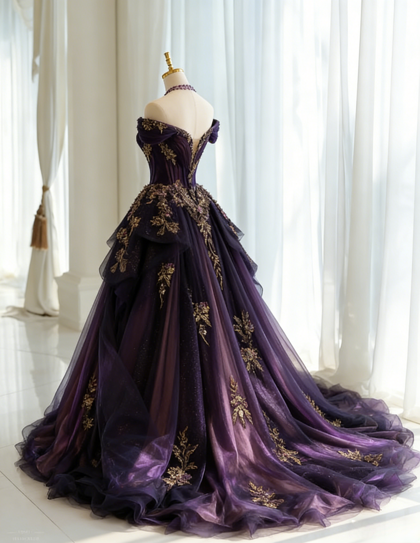 Gorgeous A-Line Long Prom Dresses Tulle Applique Purple Quinceanera Dresses Off-shoulder Birthday Dresses DP04675