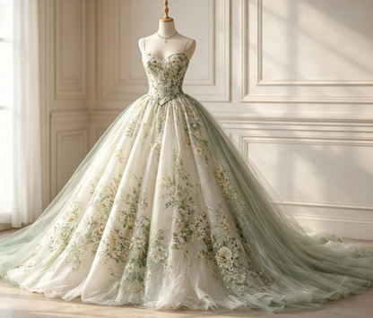 Cute Green Long Prom Dress Floral Tulle Ball Gown Sleeveless Evening Dress  Sweet 16 Dress  DP04875