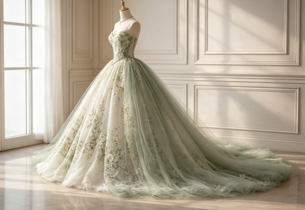 Cute Green Long Prom Dress Floral Tulle Ball Gown Sleeveless Evening Dress  Sweet 16 Dress  DP04875