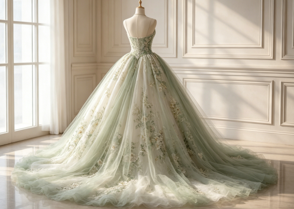 Cute Green Long Prom Dress Floral Tulle Ball Gown Sleeveless Evening Dress  Sweet 16 Dress  DP04875