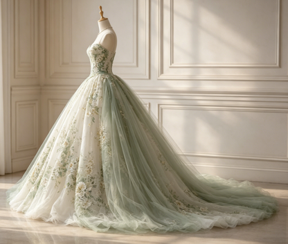 Cute Green Long Prom Dress Floral Tulle Ball Gown Sleeveless Evening Dress  Sweet 16 Dress  DP04875