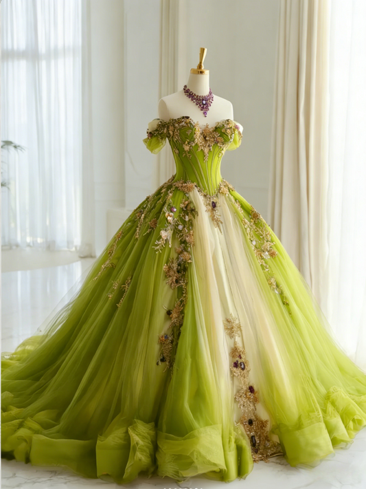 Fairy A-Line Lemon Green Prom Dress Tulle Beaded Sweet 16 Dress Off-shoulder Evening Dress DP05089