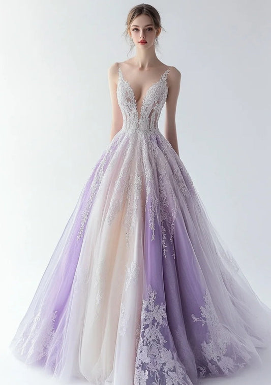 Fairy A-line Purple Prom Dress V-Neck Tulle  Sleeveless Long Evening Dress DP05091