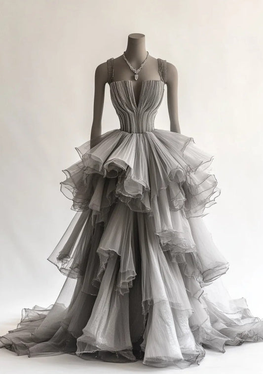 Fairy A-line Gray Prom Dress Straps Tulle Sleeveless Long Evening Dress DP05092
