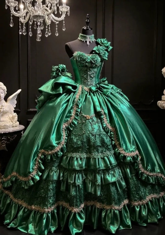 Fairy A-line Dark Green Prom Dress One-shoulder Satin Sleeveless Long Sweet 16 Dress DP05094