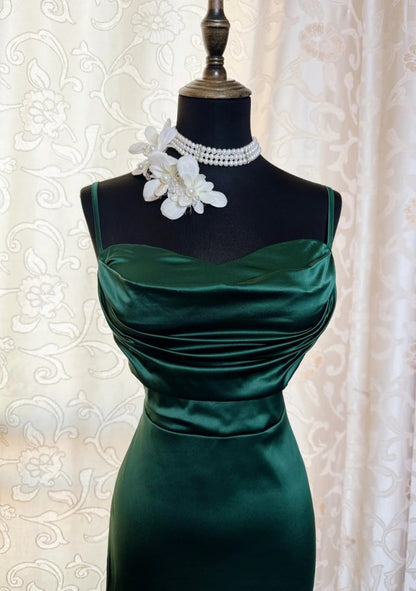 Classy Sheath Dark Green Prom Dress Spaghetti Straps Satin Sleeveless Long Evening Dress DP05095