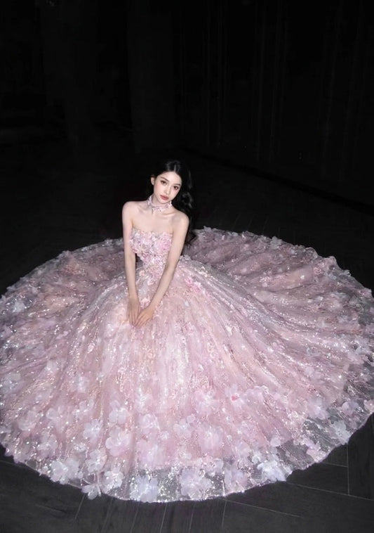 Classy A-Line Pink Prom Dress Tulle Strapless Appliques Birthday Dress Sleeveless Long Evening Dress DP05099